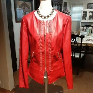 Guess Red Leather Jacket with Zipper Details